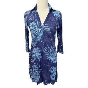 David Cline Polo Collared Dress •S• 3/4 Long Sleeve Crushed 9144 Blue Floral EXC